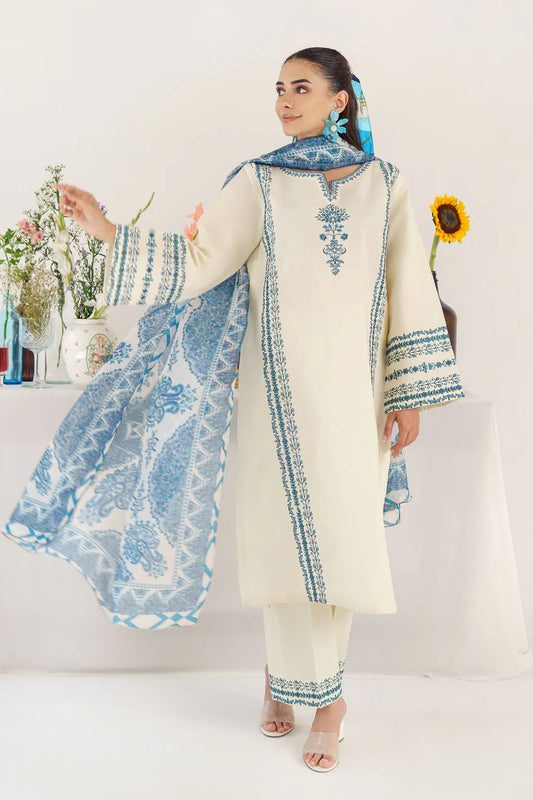 HANA- 3PC KHADAR EMBROIDERED SHIRT WITH COUTURE PRINT SHAWL AND TROUSER-W.J-1436