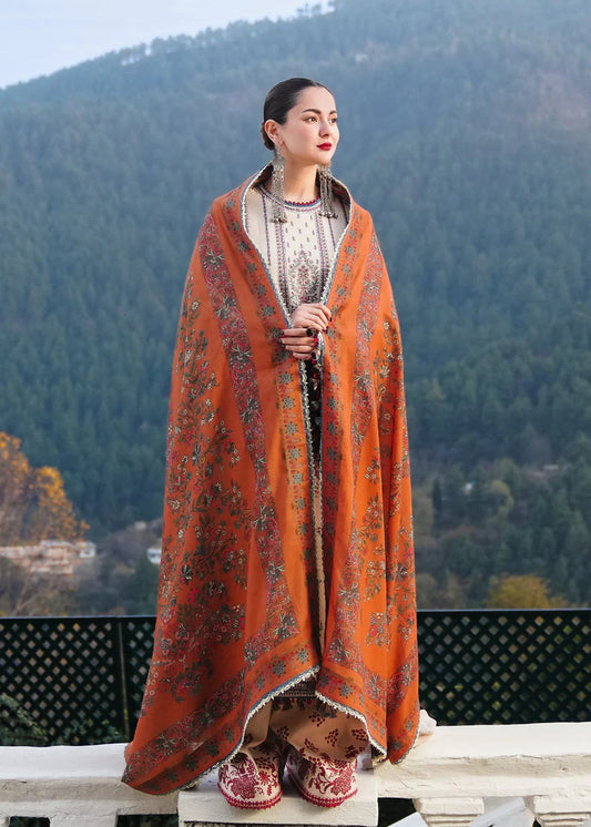 HUSSAIN REHAR-3PC DHANAK EMBROIDERED SHIRT WITH COURTRAI PRINTED SHAWL AND TROUSER-W.J-2014
