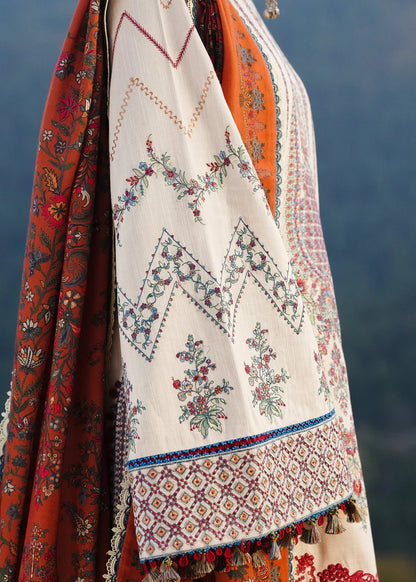 HUSSAIN REHAR-3PC DHANAK EMBROIDERED SHIRT WITH COURTRAI PRINTED SHAWL AND TROUSER-W.J-2014
