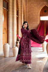FLORENT-3PC DHANAK EMBROIDERED SHIRT WITH DHANAK EMBROIDERED SHAWL AND TROUSER-W.J-5046