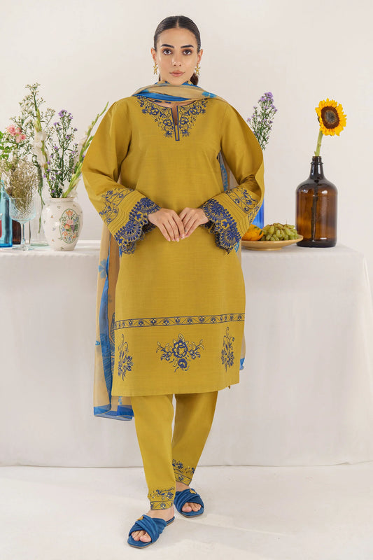 HANA- 3PC KHADAR EMBROIDERED SHIRT WITH COUTURE PRINT SHAWL AND TROUSER-W.J-1023