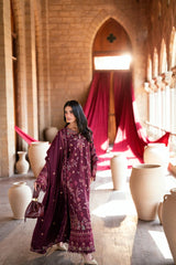 FLORENT-3PC DHANAK EMBROIDERED SHIRT WITH DHANAK EMBROIDERED SHAWL AND TROUSER-W.J-5046