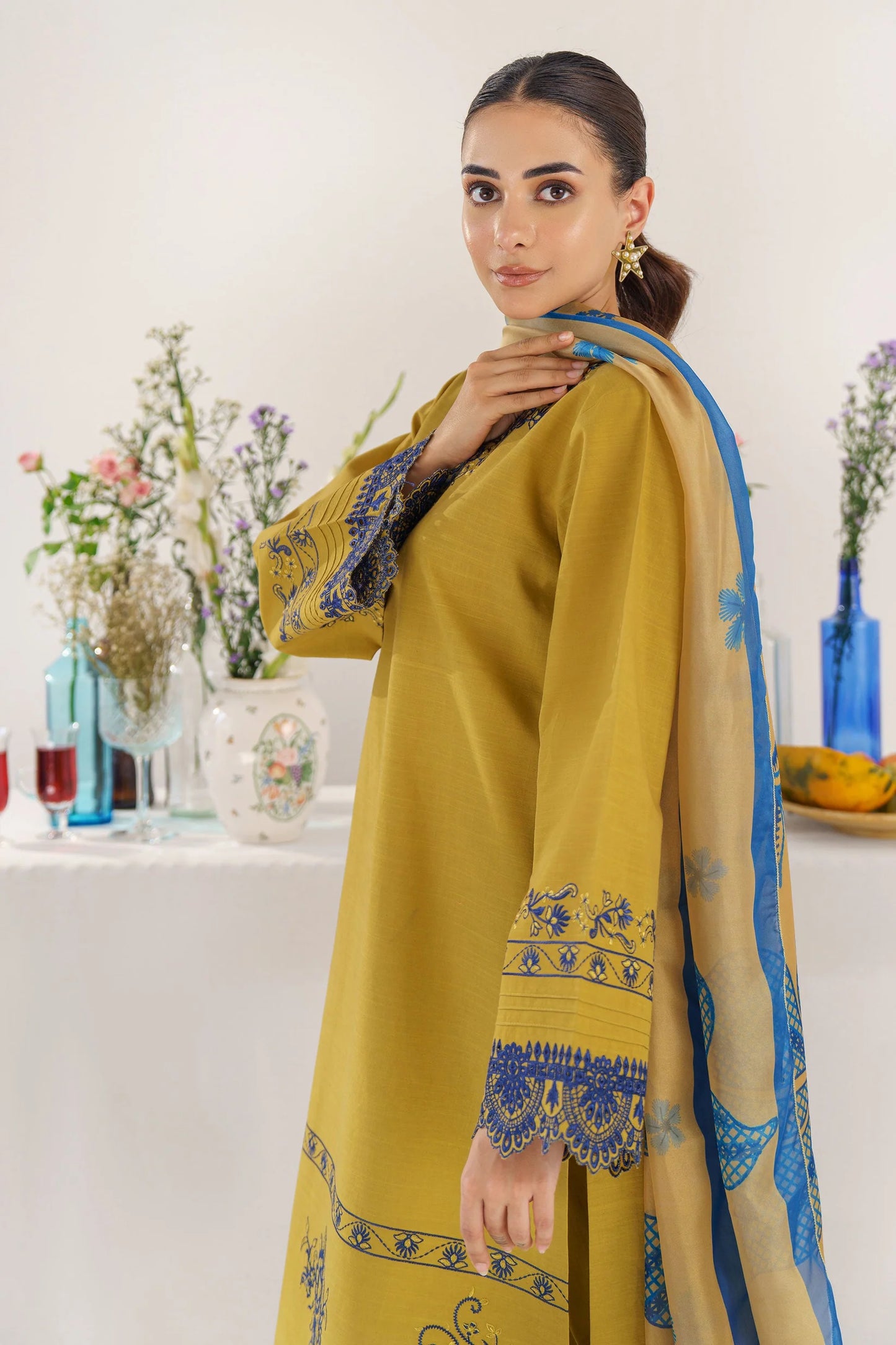 HANA- 3PC KHADAR EMBROIDERED SHIRT WITH COUTURE PRINT SHAWL AND TROUSER-W.J-1023