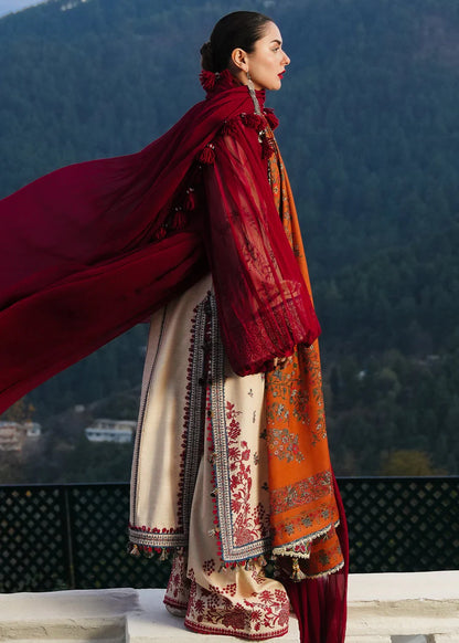 HUSSAIN REHAR-3PC DHANAK EMBROIDERED SHIRT WITH COURTRAI PRINTED SHAWL AND TROUSER-W.J-2014