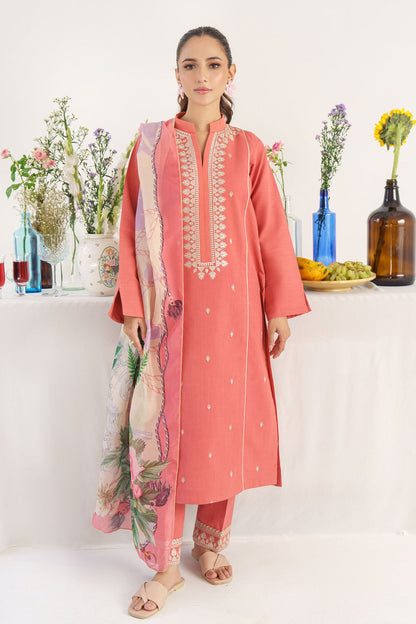 HANA- 3PC KHADAR EMBROIDERED SHIRT WITH COUTURE PRINT SHAWL AND TROUSER-W.J-1438