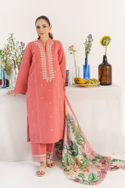 HANA- 3PC KHADAR EMBROIDERED SHIRT WITH COUTURE PRINT SHAWL AND TROUSER-W.J-1438