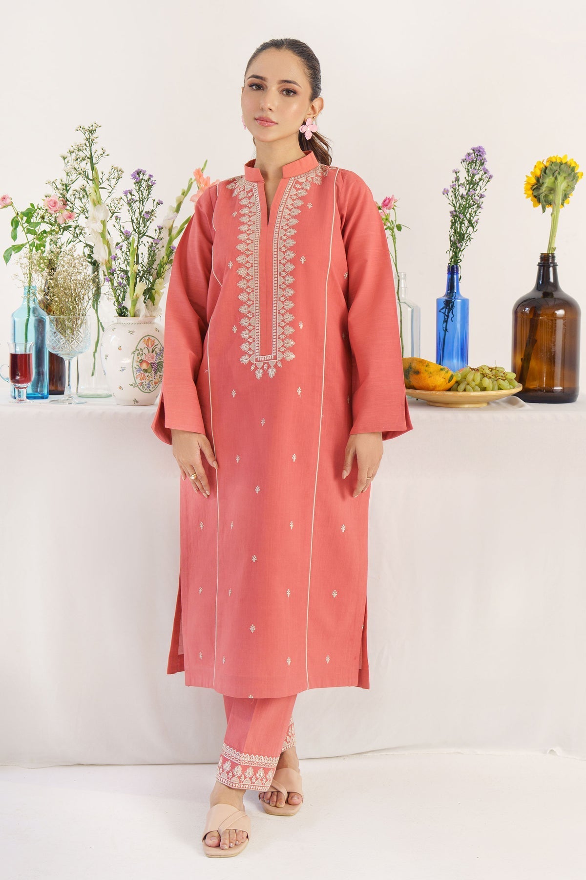 HANA- 3PC KHADAR EMBROIDERED SHIRT WITH COUTURE PRINT SHAWL AND TROUSER-W.J-1438