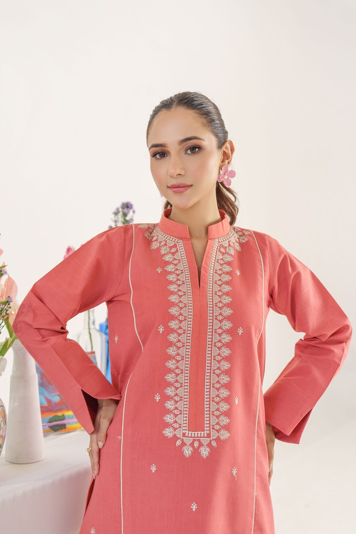 HANA- 3PC KHADAR EMBROIDERED SHIRT WITH COUTURE PRINT SHAWL AND TROUSER-W.J-1438