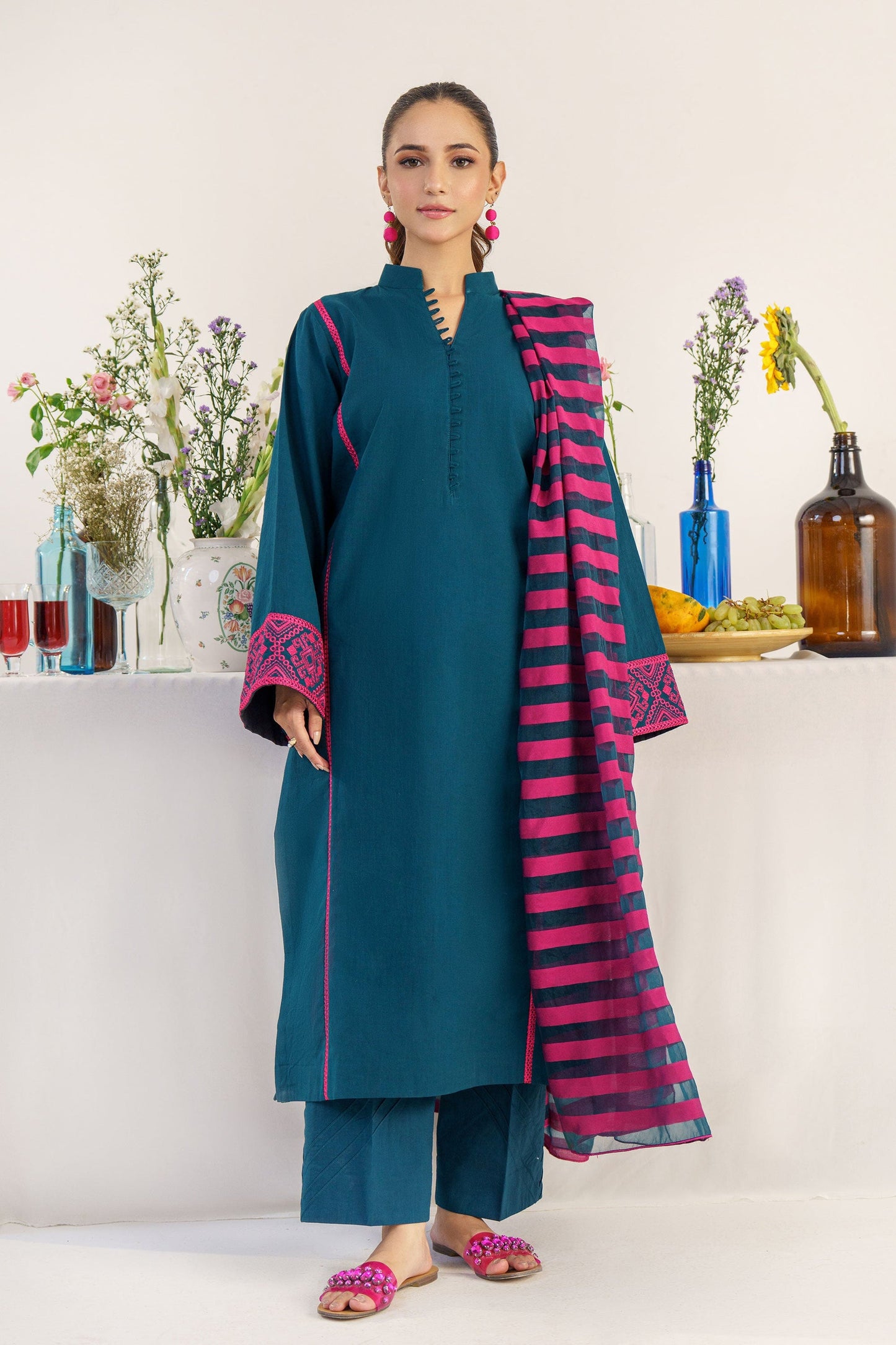 HANA- 3PC DHANAK EMBROIDERED SHIRT WITH WOOL PRINT SHAWL AND TROUSER-W.J-1437