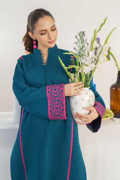 HANA- 3PC DHANAK EMBROIDERED SHIRT WITH WOOL PRINT SHAWL AND TROUSER-W.J-1437