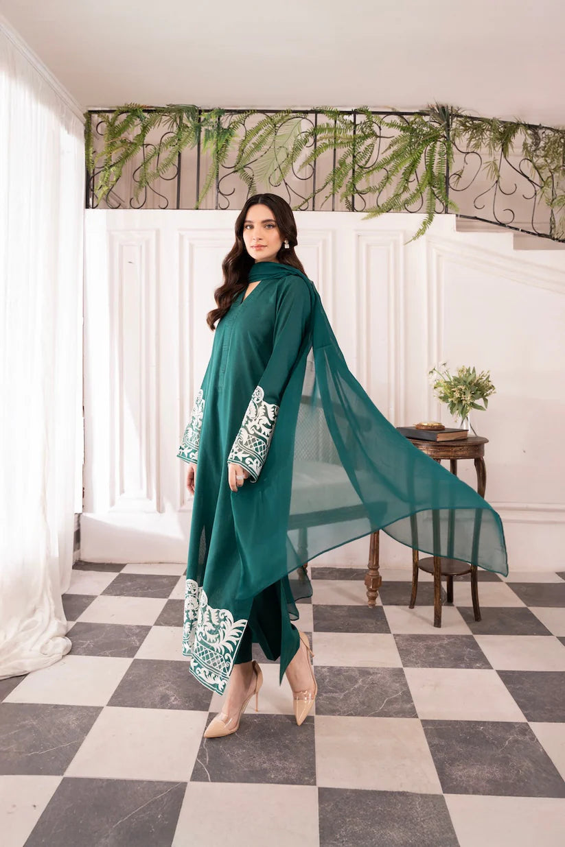 Asim Jofa-Lawn 3pc Embroidered Shirt With Bamber Chiffon Dupatta & Trouser-W.J-1447