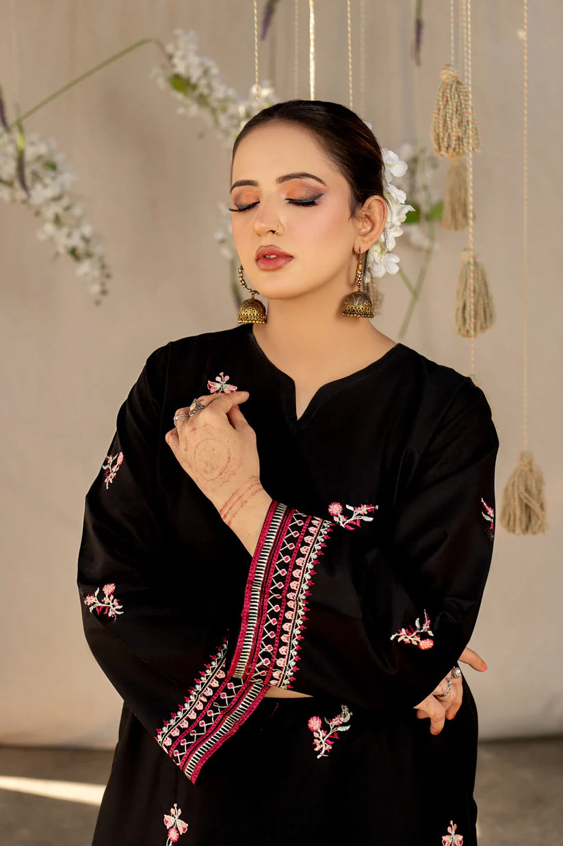 URGE- 2PC LAWN HEAVY EMBROIDERED SHIRT EMBROIDERED SLEEVES AND TROUSER -BLACK-W.J-1431