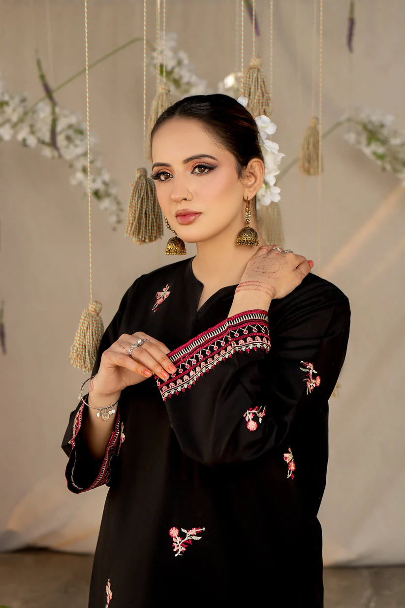 URGE- 2PC LAWN HEAVY EMBROIDERED SHIRT EMBROIDERED SLEEVES AND TROUSER -BLACK-W.J-1431