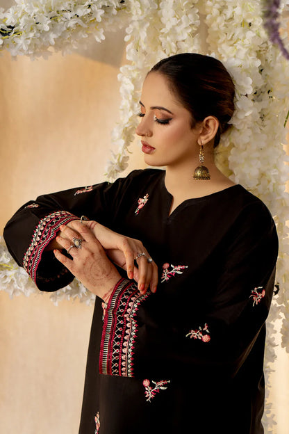 URGE- 2PC LAWN HEAVY EMBROIDERED SHIRT EMBROIDERED SLEEVES AND TROUSER -BLACK-W.J-1431