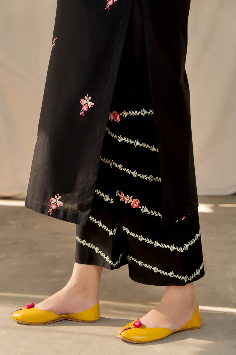 URGE- 2PC LAWN HEAVY EMBROIDERED SHIRT EMBROIDERED SLEEVES AND TROUSER -BLACK-W.J-1431