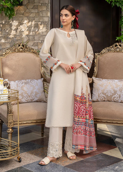 GHAZAL- 3PC DHANAK EMBROIDERED SHIRT WITH WOOL PRINT SHAWL AND TROUSER-W.J-1121