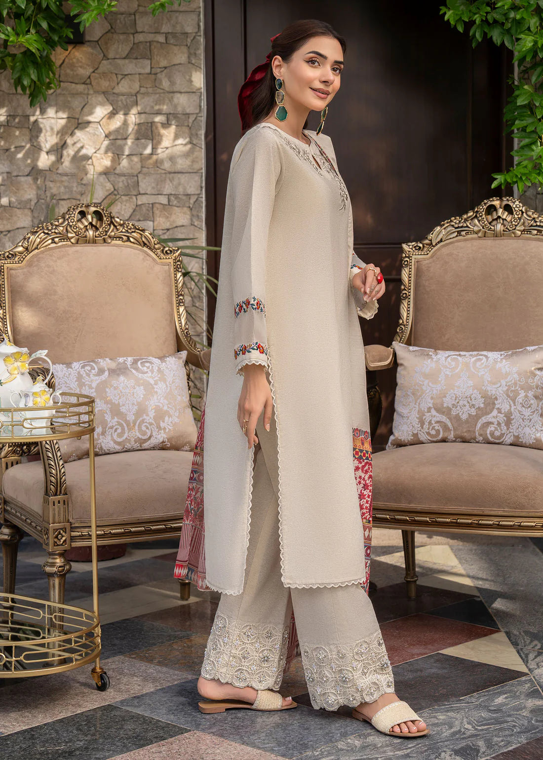 GHAZAL- 3PC DHANAK EMBROIDERED SHIRT WITH WOOL PRINT SHAWL AND TROUSER-W.J-1121