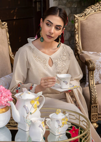 GHAZAL- 3PC DHANAK EMBROIDERED SHIRT WITH WOOL PRINT SHAWL AND TROUSER-W.J-1121