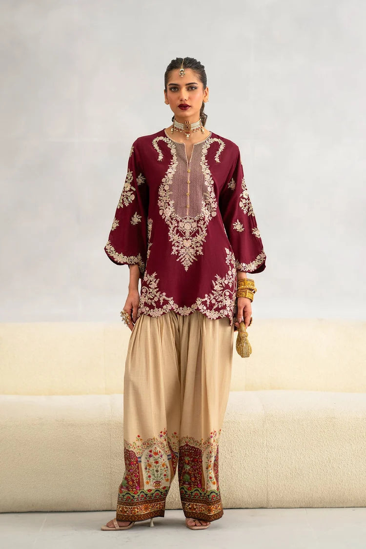 ETHNC-2PC-RAW SILK EMBROIDERED SHIRT AND SHAMOZ SILK PRINTED TROUSER-W.J-15117