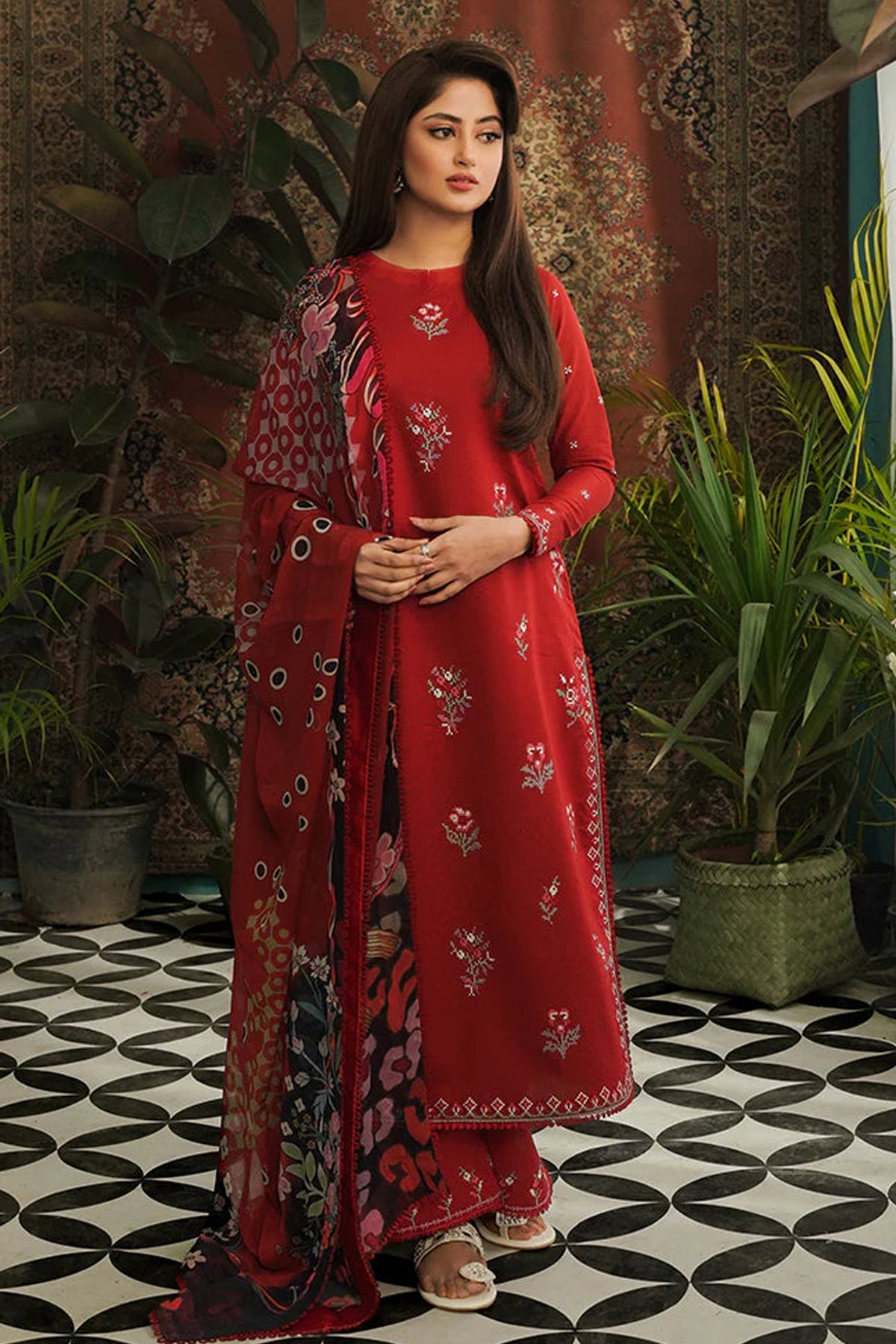 SERAN-3PC LAWN EMBROIDERED SHIRT WITH MONARK PRINT DUPATTA & EMB TROUSER-W.J-1582