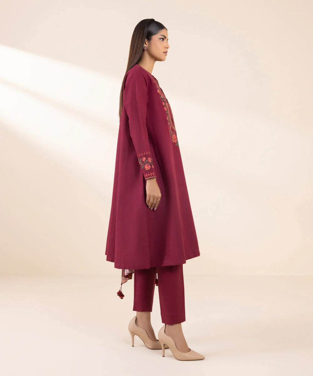 SAPPHIRE- 3PC DHANAK EMBROIDERED SHIRT WITH WOOL PRINT SHAWL AND TROUSER-W.J-1308