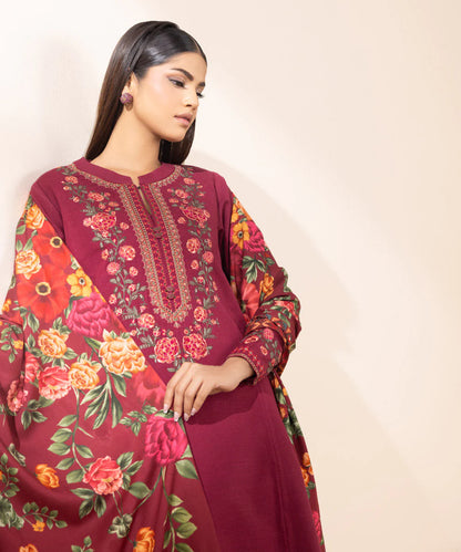 SAPPHIRE- 3PC DHANAK EMBROIDERED SHIRT WITH WOOL PRINT SHAWL AND TROUSER-W.J-1308