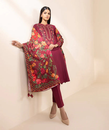 SAPPHIRE- 3PC DHANAK EMBROIDERED SHIRT WITH WOOL PRINT SHAWL AND TROUSER-W.J-1308