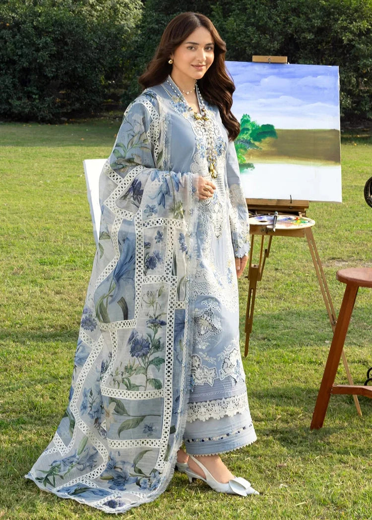 ELAF-3PC DHANAK EMBROIDERED SHIRT WITH COUTRAI PRINTED SHAWL AND TROUSER-W.J-5123