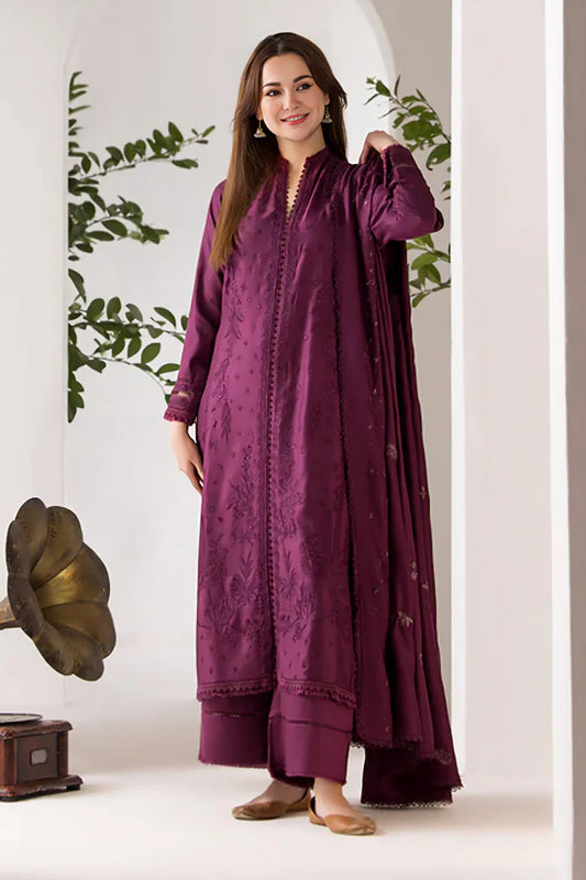 SOBIA NAZIR - 3PC DHANAK EMBROIDERED SHIRT WITH DHANAK EMBROIDERED SHAWL AND TROUSE-W.J-1382