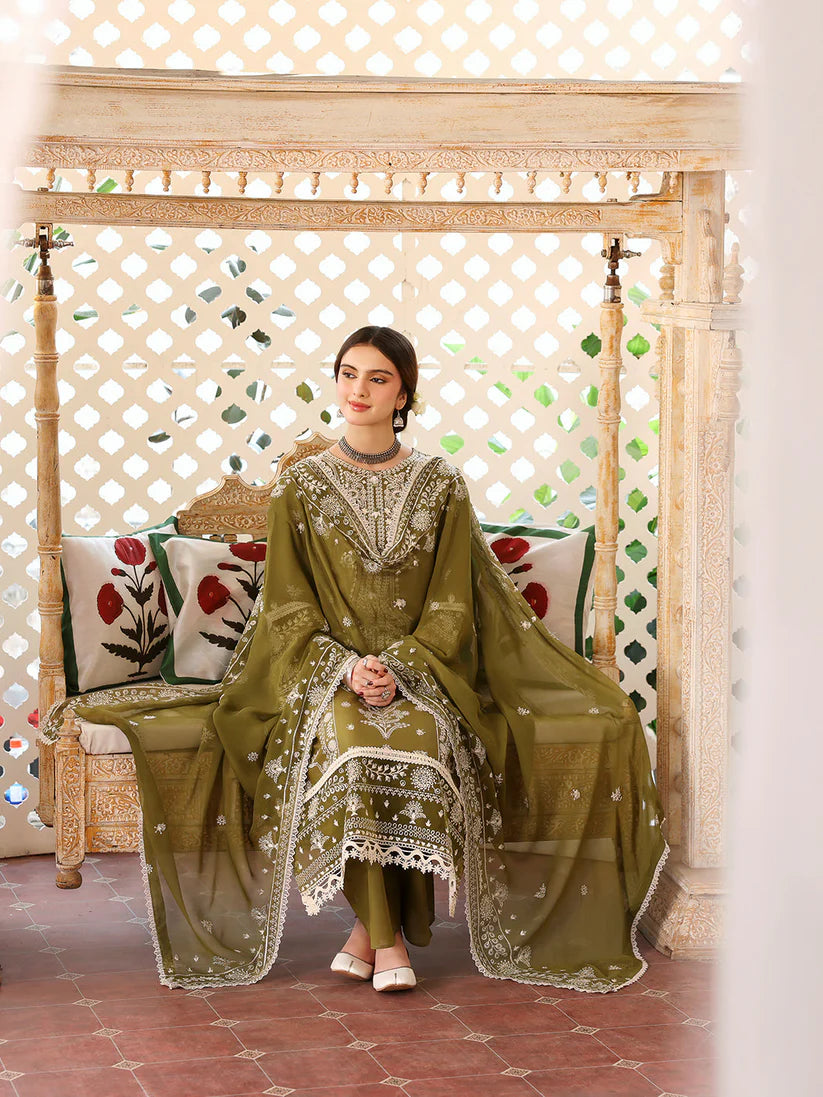 MAHNUR-3PC DHANAK EMBROIDERED SHIRT WITH DHANAK EMBROIDERED SHAWL & TROUSER-W.J-1902