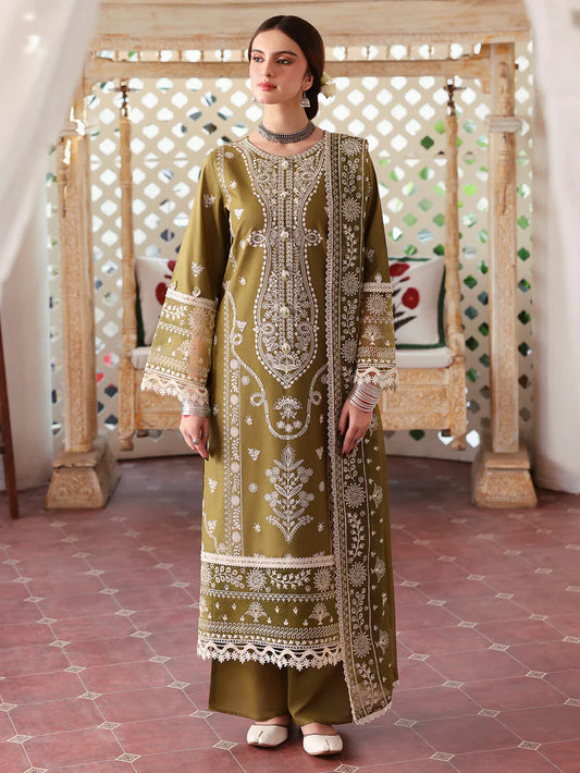MAHNUR-3PC DHANAK EMBROIDERED SHIRT WITH DHANAK EMBROIDERED SHAWL & TROUSER-W.J-1902