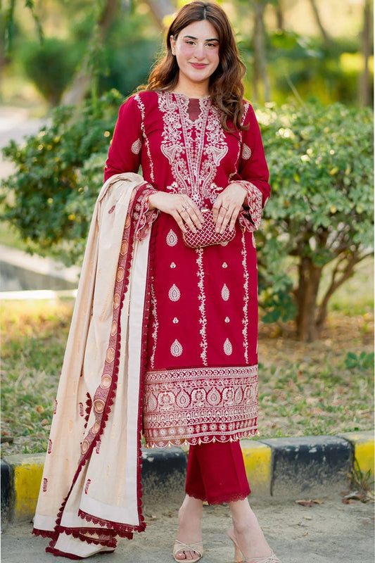 HANA- 3PC DHANAK EMBROIDERED SHIRT WITH COUTURE PRINT SHAWL AND TROUSER-W.J-1109