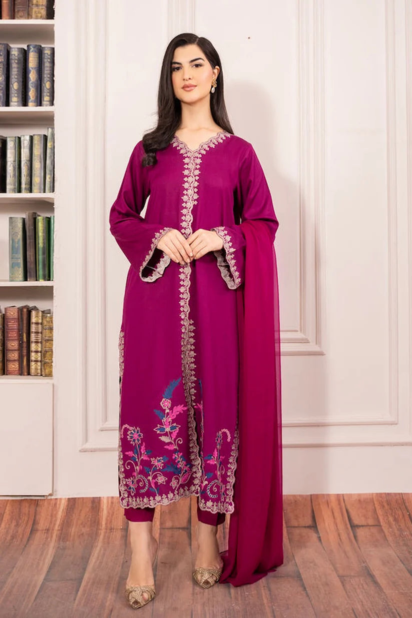 Asim Jofa-Lawn 3pc Embroidered Shirt With Bamber Chiffon Dupatta & Trouser-W.J-1444