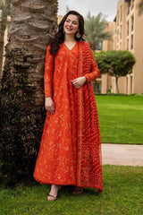 FAIZA SAQLAIN-3PC DHANAK EMBROIDERED FROCK WITH WOOL PRINTED EMBROIDERED SHAWL AND TROUSER-W.J-5075