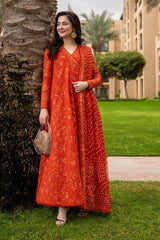 FAIZA SAQLAIN-3PC DHANAK EMBROIDERED FROCK WITH WOOL PRINTED EMBROIDERED SHAWL AND TROUSER-W.J-5075