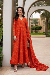 FAIZA SAQLAIN-3PC DHANAK EMBROIDERED FROCK WITH WOOL PRINTED EMBROIDERED SHAWL AND TROUSER-W.J-5075