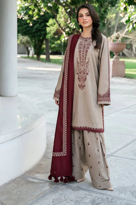 BAROQUE-3PC DHANAK EMBROIDERED SHIRT WITH DHANAK EMBROIDERED SHAWL AND EMB TROUSER-W.J-2002