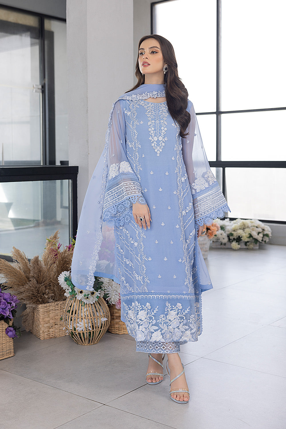 AZURE - 3PC ORGANZA EMBROIDERED LAWN SHIRT WITH ORGANZA EMBROIDERED DUPATTA AND TROUSER-W.J-1492