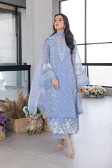 AZURE-3PC ORGANZA EMBROIDERED SHIRT WITH ORGANZA EMBROIDERED DUPATTA AND EMB TROUSER-W.J-4639