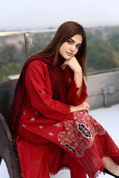 WearJora-3PC KHADDAR CUTWORK EMBROIDERED SHIRT WITH KASHMIRI JACQUARD WOOL SHAWL-W.J-1353