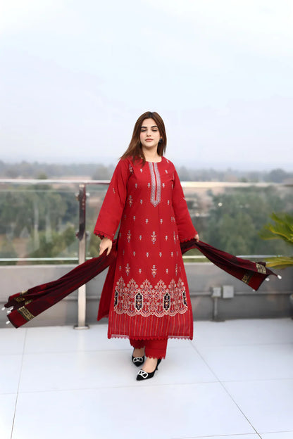 WearJora-3PC KHADDAR CUTWORK EMBROIDERED SHIRT WITH KASHMIRI JACQUARD WOOL SHAWL-W.J-1353