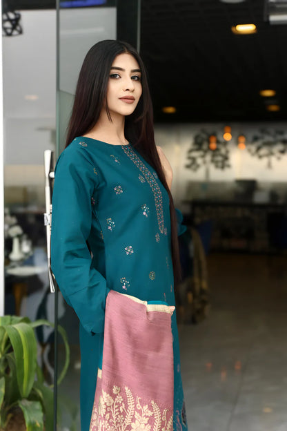 WearJora-3PC KHADDAR CUTWORK EMBROIDERED SHIRT WITH KASHMIRI JACQUARD WOOL SHAWL-W.J-1356