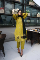 WearJora-3PC KHADDAR CUTWORK EMBROIDERED SHIRT WITH KASHMIRI JACQUARD WOOL SHAWL-W.J-1551