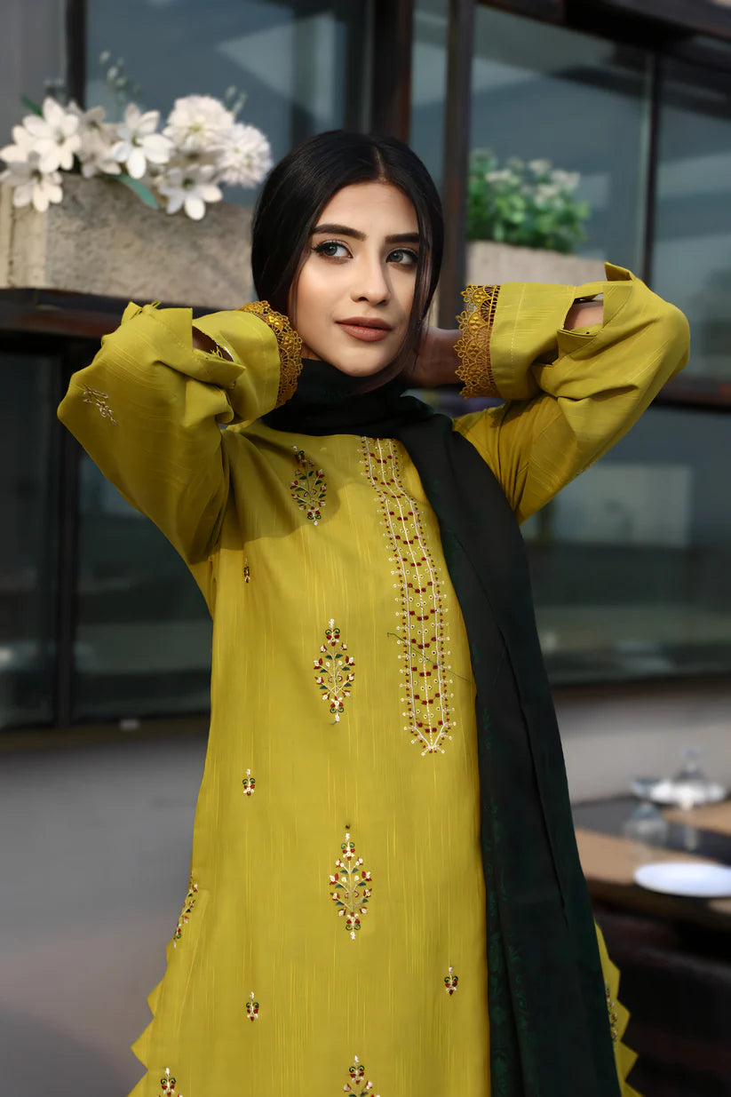 WearJora-3PC KHADDAR CUTWORK EMBROIDERED SHIRT WITH KASHMIRI JACQUARD WOOL SHAWL-W.J-1354