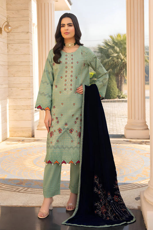 WearJora-3PC KHADDAR EMBROIDERED SHIRT WITH VELVET EMBROIDERED READY TO WEAR SHAWL- W.J-1387