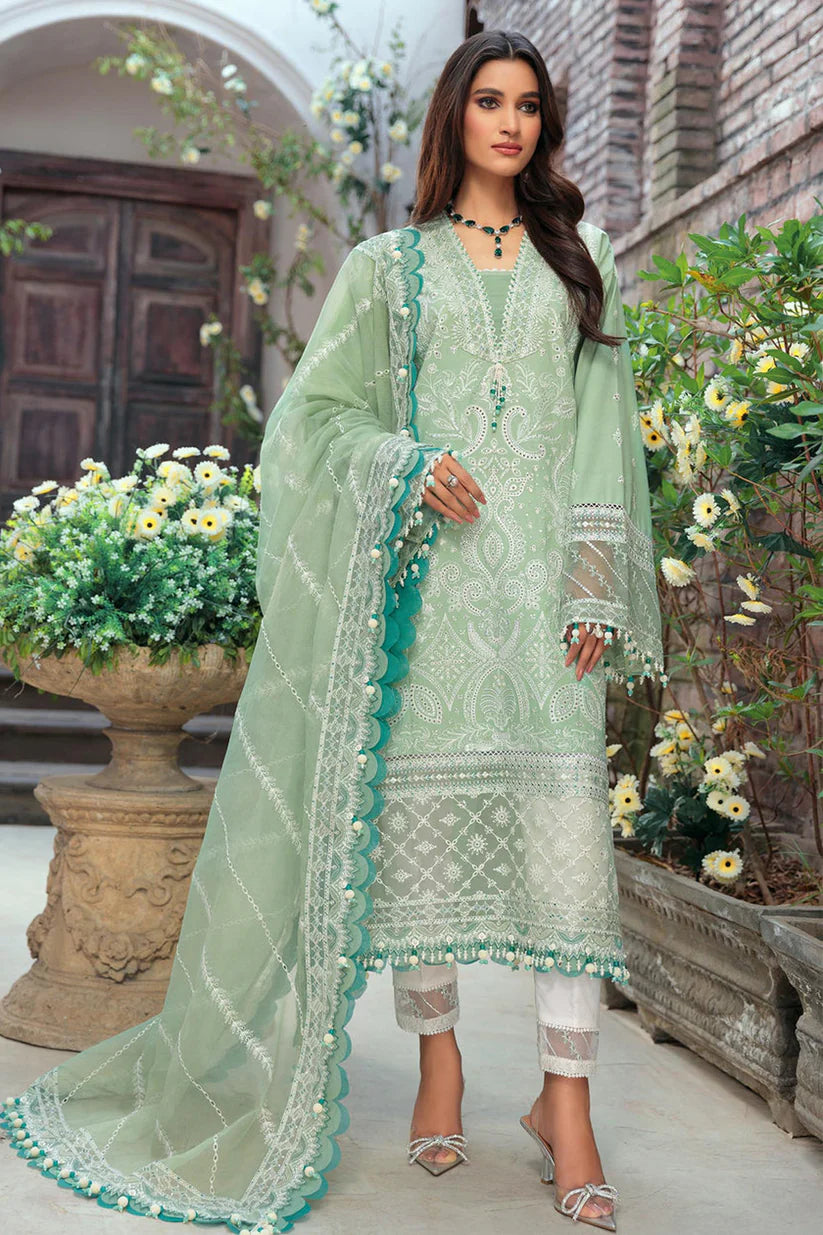 SAHEEFA- LAWN 3PC EMBROIDERED SHIRT WITH ORGANZA EMBROIDERED DUPATTA WITH TROUSER -W.J-1395