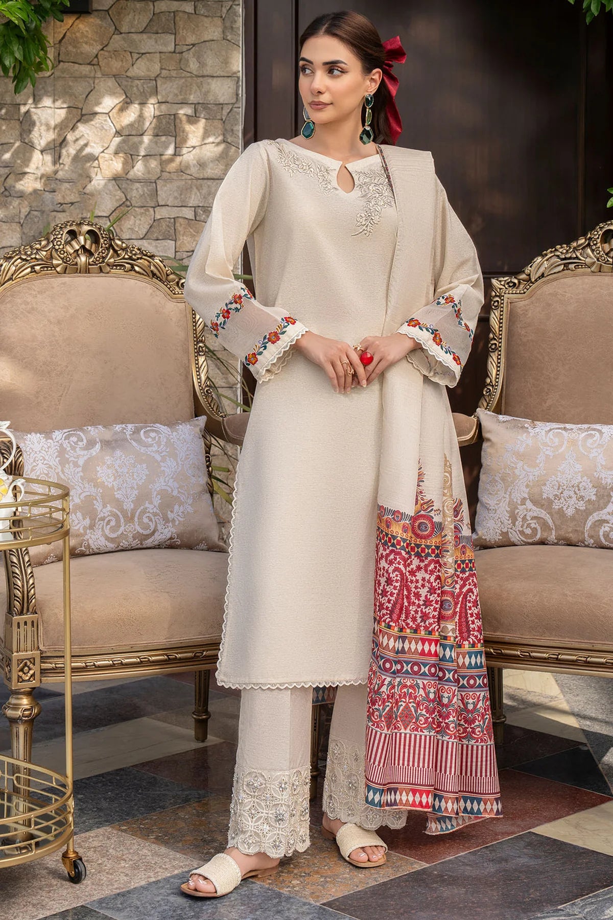 GHAZAL- 3PC DHANAK EMBROIDERED SHIRT WITH WOOL PRINT SHAWL AND TROUSER-W.J-1121