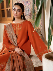 IZEL-3PC DHANAK EMBROIDERED SHIRT WITH WOOL PRINTED SHAWL AND TROUSER-W.J-5035