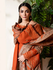 IZEL-3PC DHANAK EMBROIDERED SHIRT WITH WOOL PRINTED SHAWL AND TROUSER-W.J-5035