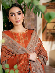 IZEL-3PC DHANAK EMBROIDERED SHIRT WITH WOOL PRINTED SHAWL AND TROUSER-W.J-5035